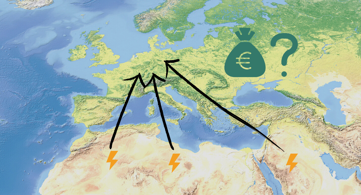 Karte Europas, das Mittleren Ostens und Nordafrika. Pfeile simulieren den Stromweg von der Wüste nach Deutschland. Neben einem Geldsack-Icon steht ein Fragezeichen. Ist Investition in Solarstrom aus der Wüste sinnvoll?