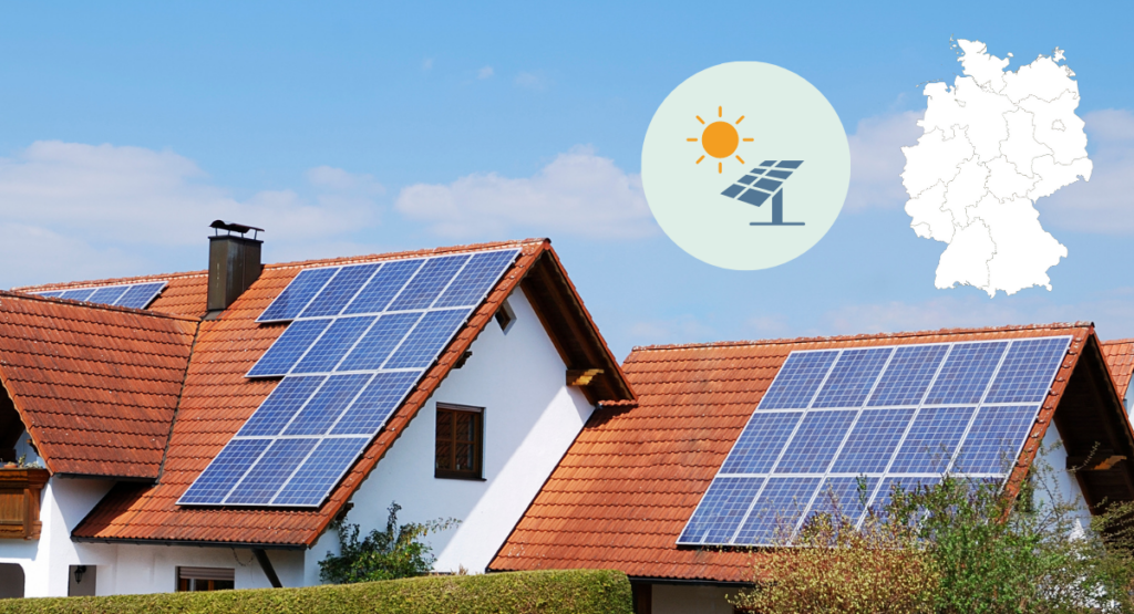 Foto: Photovoltaikanlage auf Dach. Daneben Icons: Umriss Deutschland, Photovoltaik-Icon. Lohnt sich Solarstrom aus Deutschland für Deutschland?