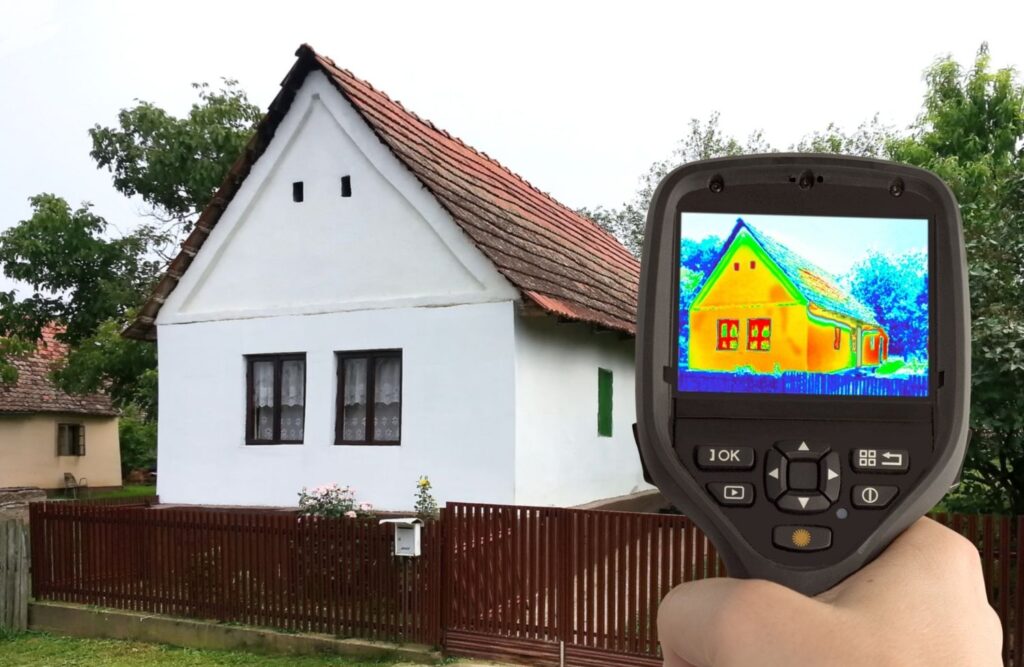 Thermografie Foto - Hand hält eine Wärmebildkamera auf ein Haus. Auf deren Bildschirm sieht man die unterschiedlichen Energieverluste farblich dargestellt.