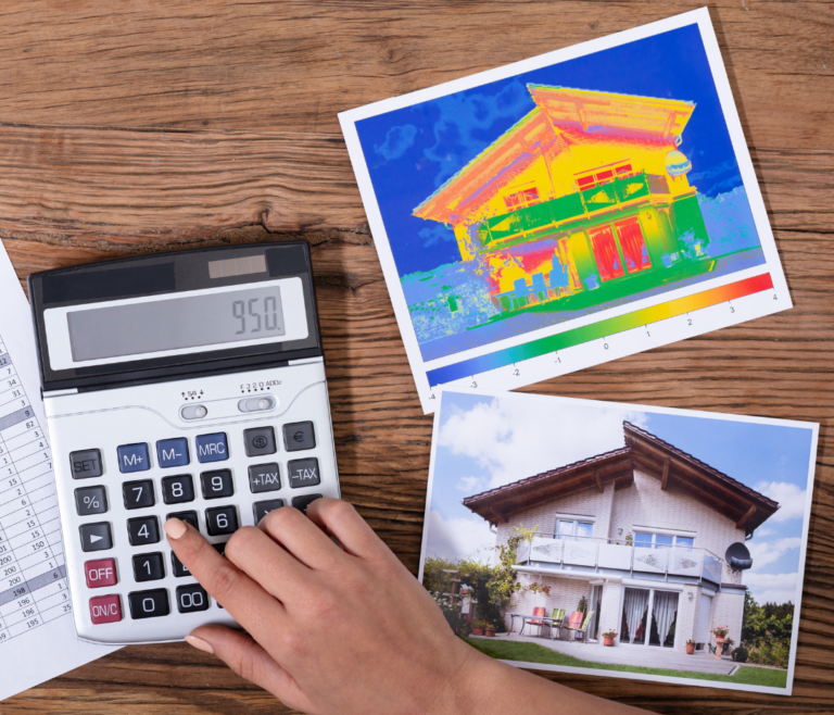 Foto Heizlastberechnung. Taschenrechner. Wärmebildkamera Foto von Haus.